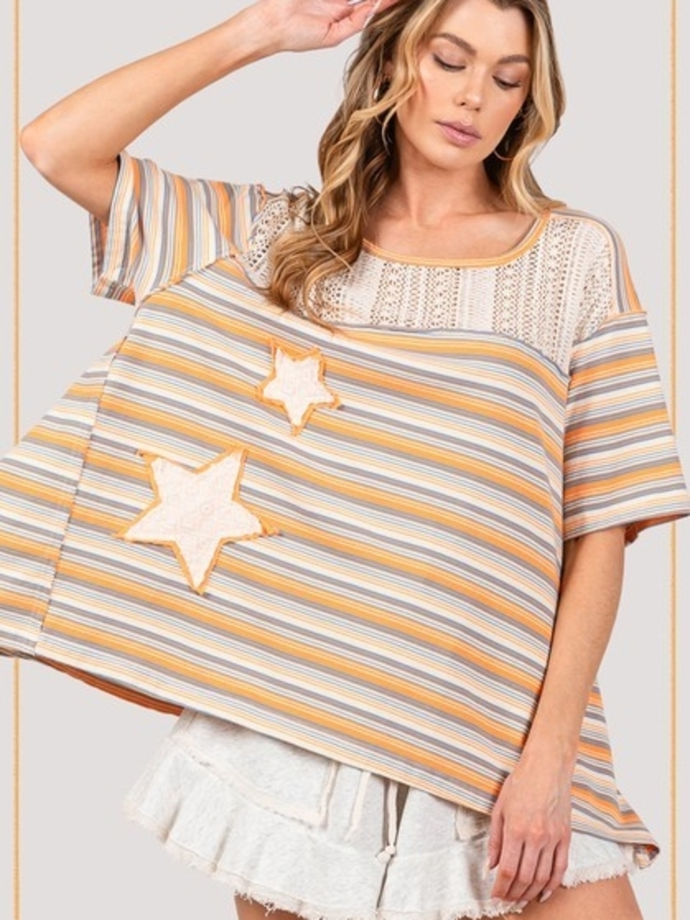 Sage & Fig Lace Crochet & Star Patch Striped Tee – Size Large, New